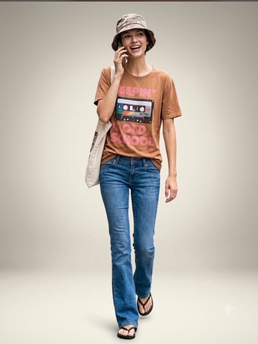 Fun Retro T-Shirt "Keepin' It Old School" / **Sz S / Light Rust Colour